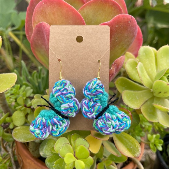 Handmade Crochet Teal Butterfly Earrings - Picture 1 of 2